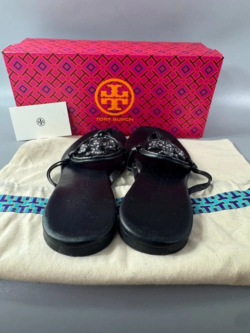 Tory Burch Embellished Crystal Miller Black Leather Sandal, Size 8